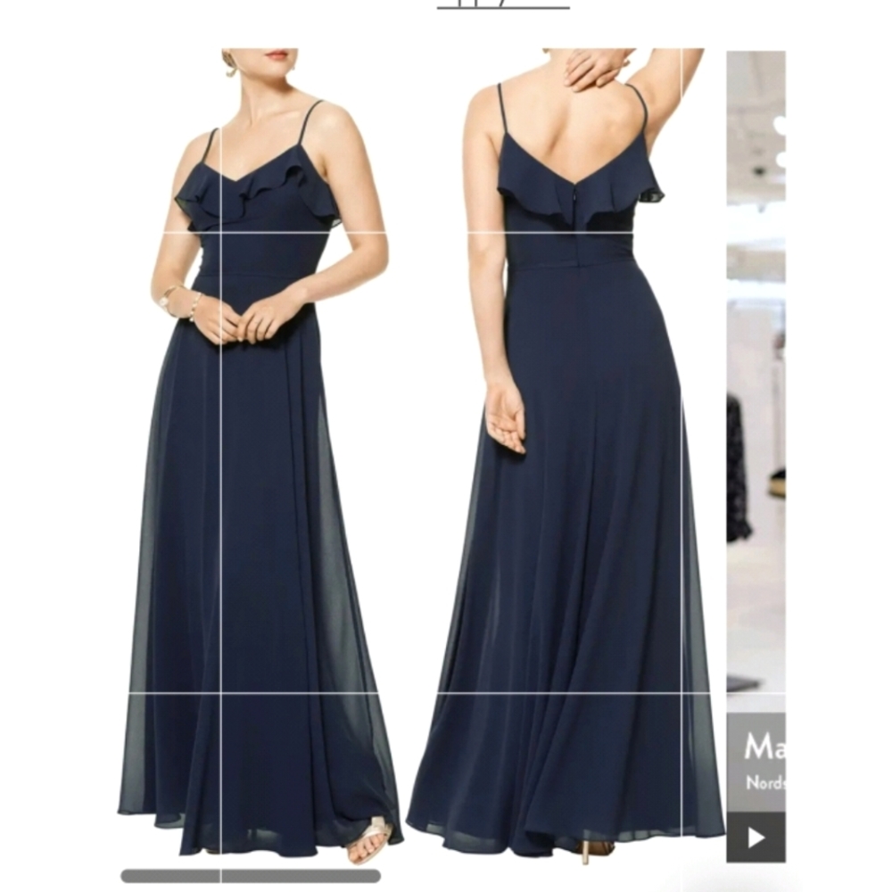 #LEVKOFF Ruffle V-Neck Chiffon Gown In Navy Color